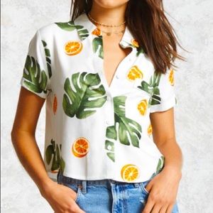 Orange and Leaf Print Button-Up Top